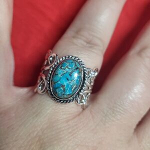 Blue Copper Turquoise Solitaire Ring Sterling Silver Ring
